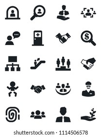 Set of vector isolated black icon - escalator vector, baby, reception, medical room, handshake, pedestal, doctor, client, speaker, company, hr, estate agent, fingerprint, consumer search, group