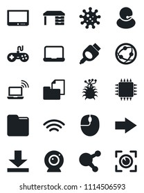 Set of vector isolated black icon - wireless notebook vector, right arrow, mouse, desk, virus, support, folder document, gamepad, tv, network, share, hdmi, download, pc, chip, web camera, eye scan