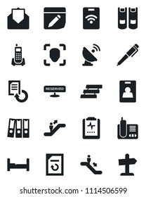 Set of vector isolated black icon - escalator vector, book, document reload, pulse clipboard, office phone, satellite antenna, radio, mail, notes, face id, identity card, paper binder, tray, pen