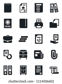 Set of vector isolated black icon - passport vector, office binder, notepad, document, reload, folder, news, paper clip, printer, tray, archive box, contract, estate, case