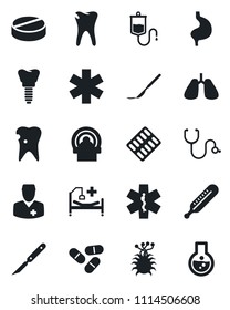 Set of vector isolated black icon - stethoscope vector, dropper, thermometer, pills, blister, scalpel, tomography, ambulance star, hospital bed, stomach, lungs, caries, implant, doctor, virus, flask