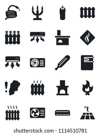 Set of vector isolated black icon - fire vector, hose, fireplace, thermometer, heater, air conditioner, candle, water, smoke detector, radiator, warm floor