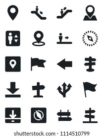 Set of vector isolated black icon - elevator vector, escalator, signpost, left arrow, route, pin, download, place tag, compass, flag, guidepost
