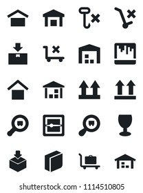 Set of vector isolated black icon - baggage trolley vector, fragile, warehouse storage, up side sign, no, hook, package, search cargo, scanner, blank box