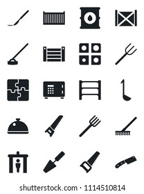 Set of vector isolated black icon - security gate vector, safe, trowel, farm fork, rake, saw, hoe, scalpel, cargo container, oil barrel, rack, application, dish, ladle, knife