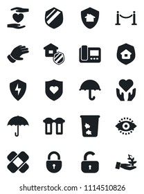 Set of vector isolated black icon - fence vector, trash bin, lock, glove, patch, heart shield, hand, umbrella, protect, eye id, estate insurance, intercome, water filter, home, palm sprout