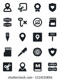 Set of vector isolated black icon - no laptop vector, pen, stamp, plant label, heart shield, navigation, pin, hook, sd, cut, place tag, sertificate, menu, open close