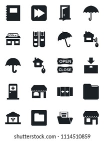 Set of vector isolated black icon - automatic door vector, umbrella, shop, medical room, store, package, fast forward, folder, copybook, document, book, open close, home control, garage gate