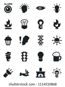 Set of vector isolated black icon - bulb vector, fire, eye, traffic light, torch, fireplace, beer, smoke detector, energy saving, outdoor lamp, alarm led, palm sproute, shining head, idea