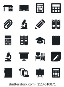 Set of vector isolated black icon - contract vector, book, calculator, graduate, abacus, desk, notepad, presentation board, pencil, microscope, notes, copybook, paper clip