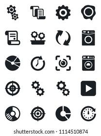 Set of vector isolated black icon - washer vector, gear, contract, circle chart, stamp, play button, update, eye id, pie graph, target, flower in pot, clock