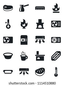 Set of vector isolated black icon - coffee machine vector, fire, fireplace, air conditioner, steak, hot dog, bowl, turkish, thermometer