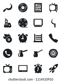 Set of vector isolated black icon - alarm clock vector, phone, abacus, stamp, sickle, reel, vinyl, flame disk, tv, radio, call, turkish coffee, rocket