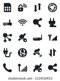 Set of vector isolated black icon - satellite vector, network, share, call, sim, data exchange, cellular signal, wireless, power plug, lock, router, social media