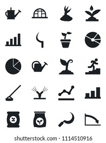 Set of vector isolated black icon - seedling vector, watering can, sproute, hoe, sickle, greenhouse, fertilizer, bar graph, pie, point, career ladder, irrigation, crisis