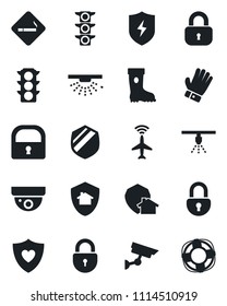 Set of vector isolated black icon - plane radar vector, smoking place, lock, glove, boot, heart shield, traffic light, protect, home, surveillance, sprinkler, crisis management