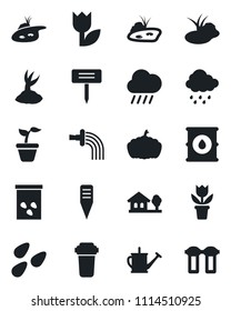 Set of vector isolated black icon - flower in pot vector, seedling, watering can, sproute, rain, plant label, pumpkin, seeds, pond, tulip, oil barrel, house with tree, water filter