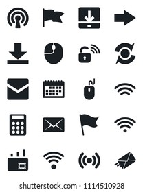 Set of vector isolated black icon - right arrow vector, mouse, mail, download, wireless, update, calendar, calculator, lock, flag