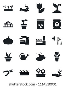 Set of vector isolated black icon - factory vector, flower in pot, seedling, watering can, sproute, pruner, pumpkin, greenhouse, seeds, pond, fertilizer, tulip, palm