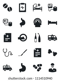 Set of vector isolated black icon - bed vector, diagnosis, stethoscope, blood pressure, pills, ampoule, scalpel, tomography, ambulance car, hospital, stomach, broken bone, pulse clipboard, doctor