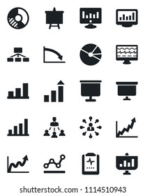 Set of vector isolated black icon - growth statistic vector, hierarchy, presentation board, monitor, circle chart, pulse, clipboard, statistics, bar graph, pie, point, crisis