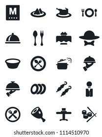 Set of vector isolated black icon - spoon and fork vector, waiter, dish, restaurant table, serviette, cafe, menu, plates, dress code, chicken, kebab, ham, bowl, steaming pan, sushi