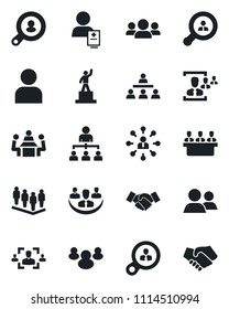 Set of vector isolated black icon - handshake vector, hierarchy, pedestal, team, patient, group, user, company, hr, meeting, client search, consumer