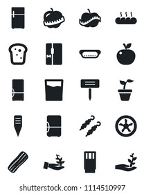 Set of vector isolated black icon - seedling vector, plant label, diet, fridge, drink, bacon, bread, kebab, hot dog, apple fruit, fan, palm sprout