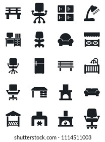 Set of vector isolated black icon - checkroom vector, office chair, desk, bench, fireplace, lamp, children room, cushioned furniture, alcove, fridge