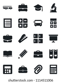 Set of vector isolated black icon - airport bus vector, checkroom, book, calculator, graduate, presentation board, microscope, case, paper clip, abacus, pencil, stapler