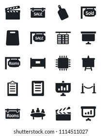 Set of vector isolated black icon - fence vector, flight table, presentation board, meeting, clipboard, clapboard, sale, rooms, sold signboard, cutting, chip