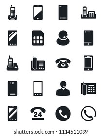 Set of vector isolated black icon - phone vector, mobile, office, 24 hours, support, cell, radio, back, sim