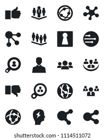 Set of vector isolated black icon - female vector, team, brainstorm, network, share, finger up, down, user, company, client search, consumer, group, social media