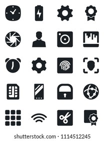 Set of vector isolated black icon - mobile vector, menu, camera, settings, user, clock, alarm, scanner, sim, network, wireless, cut, lock, face id, fingerprint, charge, sertificate