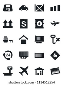 Set of vector isolated black icon - plane vector, 24 hours, truck trailer, cargo container, car delivery, receipt, sea port, warehouse storage, up side sign, no hook, sorting, heavy, flammable