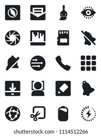 Set of vector isolated black icon - call vector, menu, mobile camera, themes, bell, mail, scanner, sd, network, notes, download, mute, cut, compass, face id, eye, battery, charge
