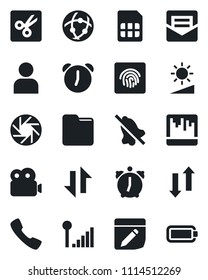 Set of vector isolated black icon - call vector, mobile camera, user, alarm, mail, scanner, sim, network, folder, notes, data exchange, mute, brightness, cut, fingerprint id, video, cellular signal