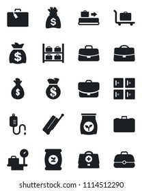 Set of vector isolated black icon - suitcase vector, baggage conveyor, trolley, luggage storage, scales, checkroom, case, money bag, fertilizer, doctor, dropper