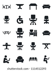 Set of vector isolated black icon - cafe vector, waiting area, office chair, desk, picnic table, disabled, cushioned furniture, restaurant, man with notebook