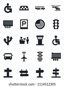 Set of vector isolated black icon - airport tower vector, plane radar, taxi, bus, parking, passport control, signpost, helicopter, disabled, route, traffic light, truck trailer, guidepost