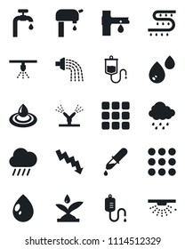 Set of vector isolated black icon - crisis graph vector, watering, water drop, rain, drip irrigation, dropper, menu, supply, sprinkler