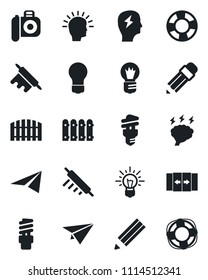 Set of vector isolated black icon - automatic door vector, brainstorm, bulb, camera, pencil, fence, rolling pin, energy saving, shining head, idea, paper plane, crisis management