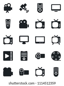 Set of vector isolated black icon - tv vector, reel, satellite, video camera, remote control, monitor
