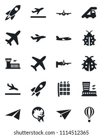 Set of vector isolated black icon - plane vector, departure, arrival, ladder car, boarding, seat map, globe, airport building, lady bug, rocket, paper, air balloon