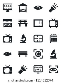Set of vector isolated black icon - tv vector, seat map, bench, monitor pulse, microscope, eye, torch, plan, alcove, scan