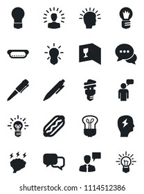 Set of vector isolated black icon - speaking man vector, pen, brainstorm, bulb, dialog, wine card, hot dog, energy saving, shining head, idea