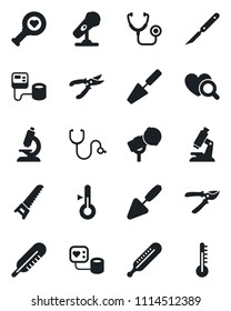 Set of vector isolated black icon - trowel vector, pruner, saw, stethoscope, blood pressure, thermometer, heart diagnostic, microscope, scalpel, microphone