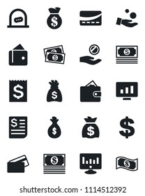 Set of vector isolated black icon - ticket office vector, dollar sign, money bag, statistic monitor, cash, receipt, credit card, wallet, investment