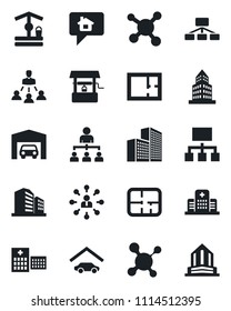 Set of vector isolated black icon - hierarchy vector, well, molecule, hospital, office building, garage, plan, home message