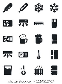 Set of vector isolated black icon - thermometer vector, heater, air conditioner, fridge, drink, beer, snowflake